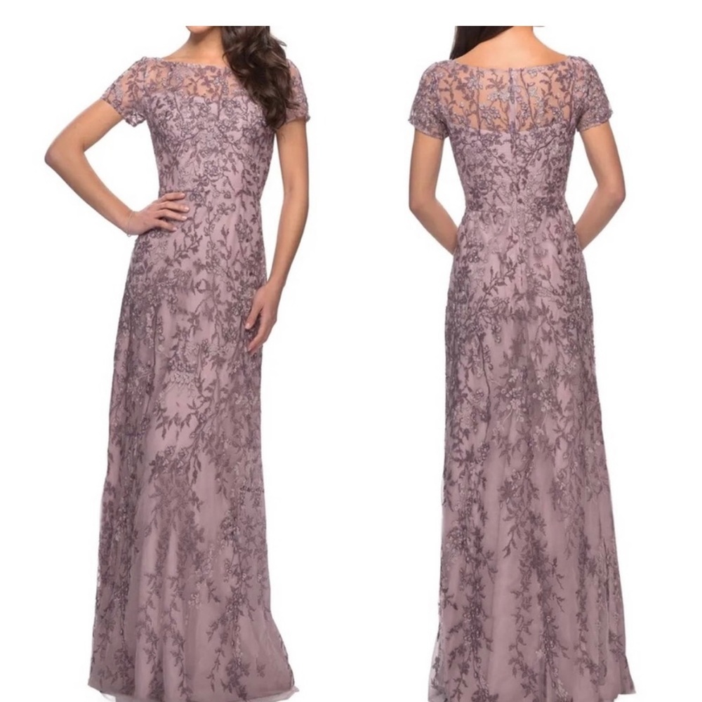 LA FEMME Lace Column Floral Lilac Gown